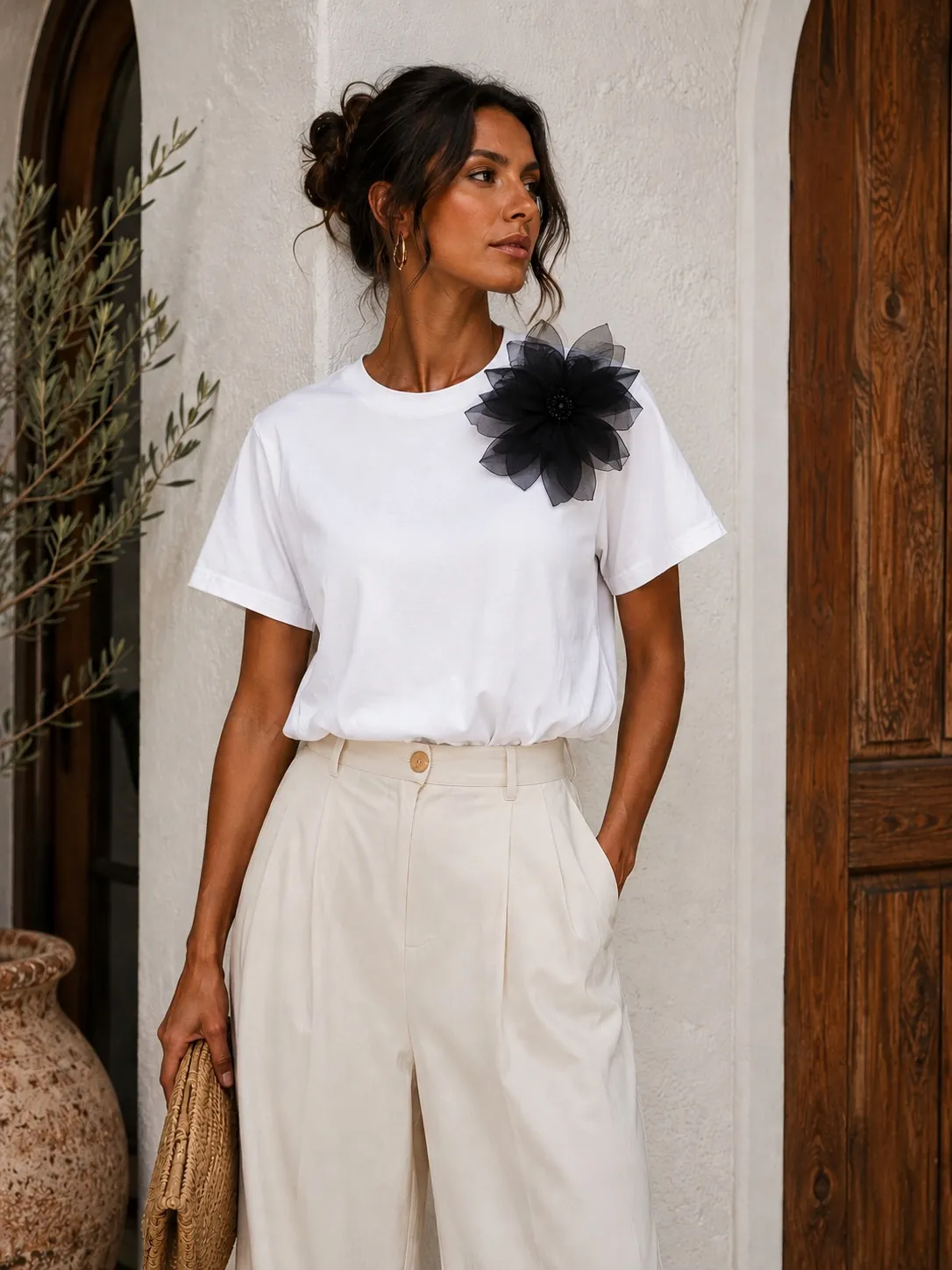 Blouse with organza flower applique