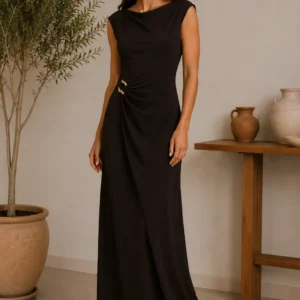 Draped long dress with jewel detail