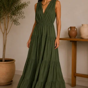Flowing long dress with V-neck