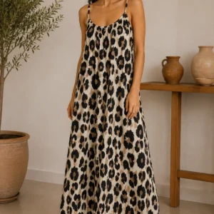 Long leopard print dress with thin straps