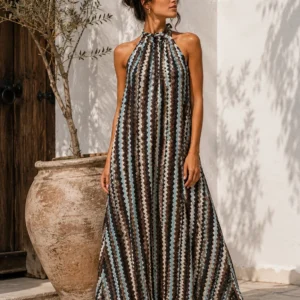 Long zigzag patterned dress with neck bow