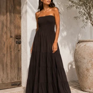 Strapless long dress with smocked bodice