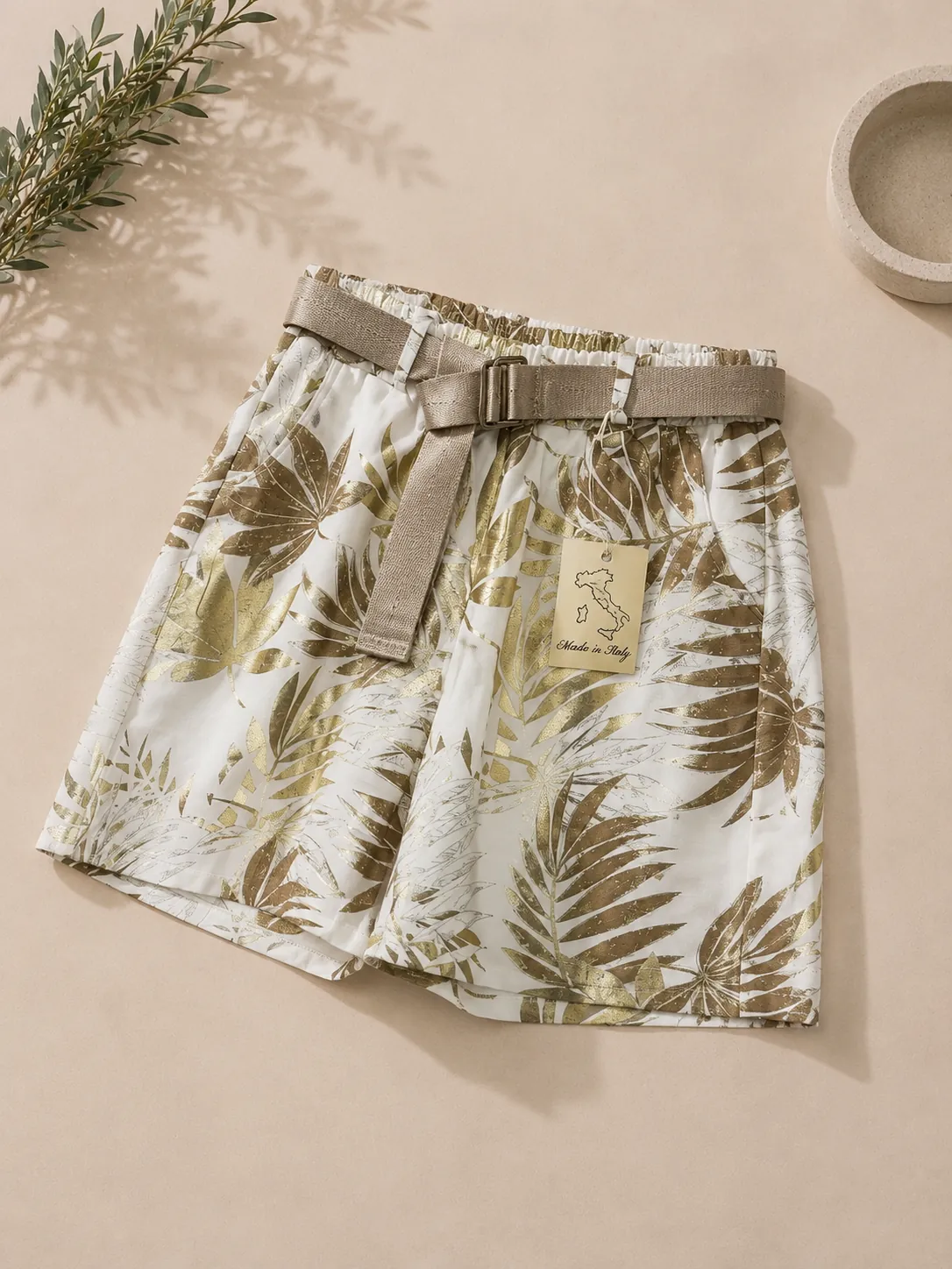 Tropical gold print shorts with belt - Image 2