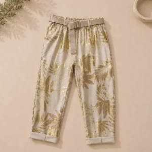 Tropical gold print trousers with belt