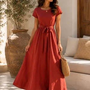 Cotton Midi Dress with Full Skirt and Waist Tie