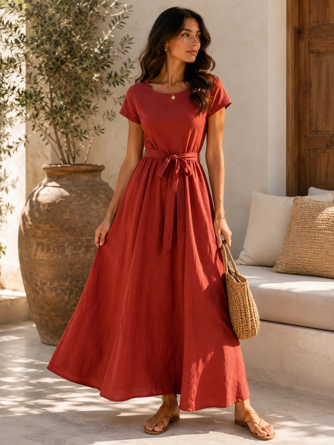 Cotton Midi Dress with Full Skirt and Waist Tie