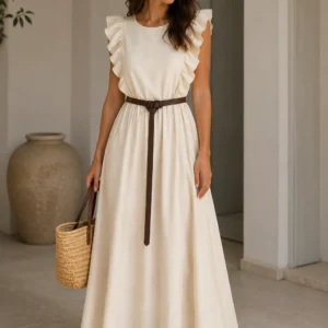 Maxi Dress with Ruffle Sleeves and Belt