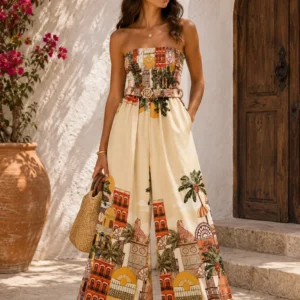 Mediterranean Print Palazzo Jumpsuit with Smocked Bodice