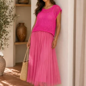 Open-Knit Sweater & Pleated Dress Set