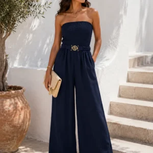 Palazzo Jumpsuit with Smocked Bodice and Jewel Belt