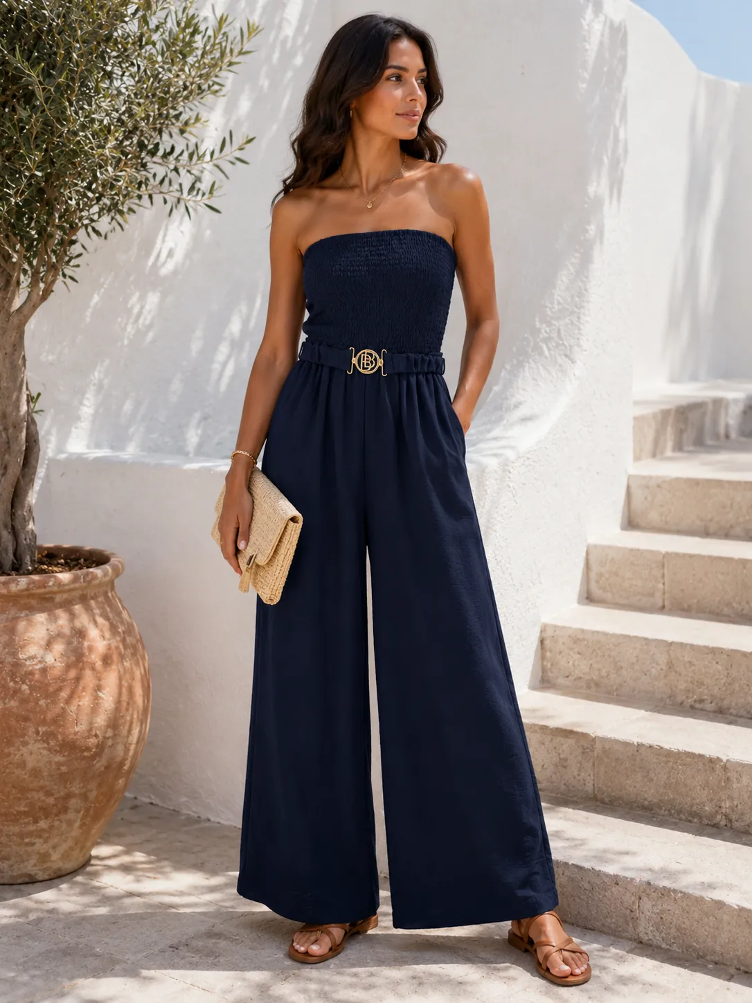 Palazzo Jumpsuit with Smocked Bodice and Jewel Belt