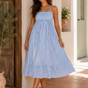 Striped Midi Dress with Thin Straps