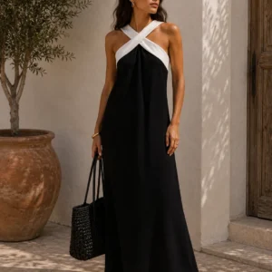 Contrast Cross Halter Maxi Dress