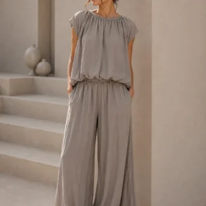 Draped Top and Wide-Leg Trousers Set
