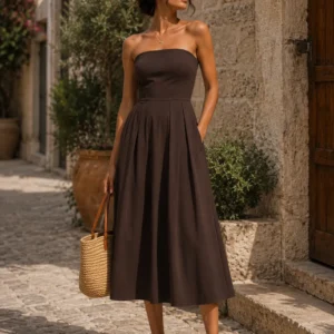 Strapless Pleated Midi Dress